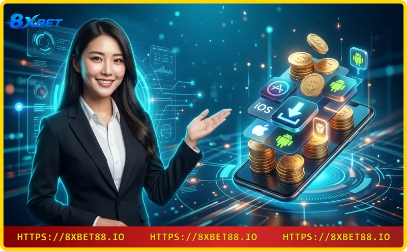 Hướng dẫn tải app 8xbet trên iOS và Android - hai điện thoại với màn hình tải ứng dụng