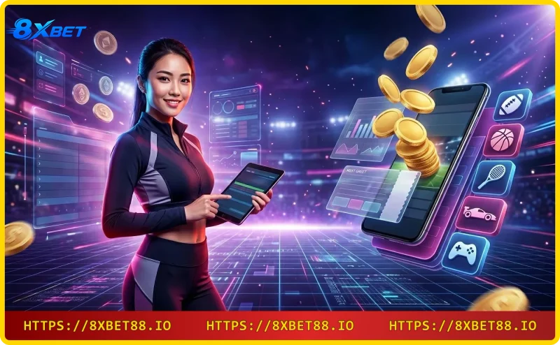 Sân vận động bóng đá với hiệu ứng neon thể hiện thể thao 8xbet